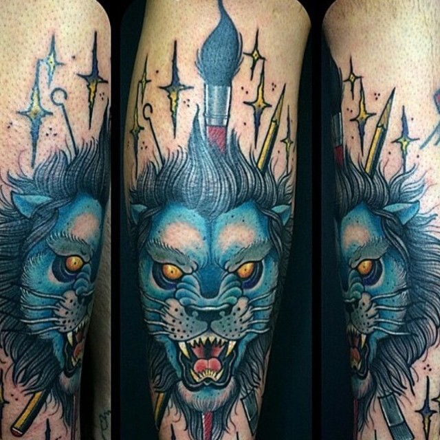 不可思议的彩色恶魔狮子和星星纹身图案