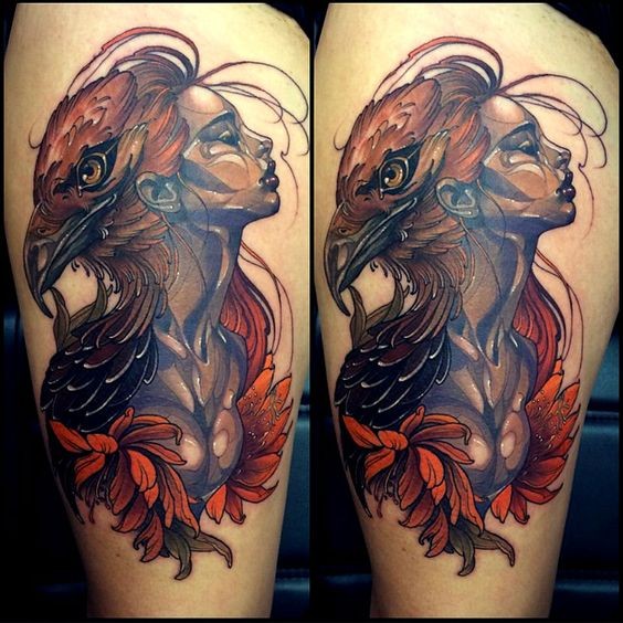 有趣的彩色女人肖像与鹰头纹身图案