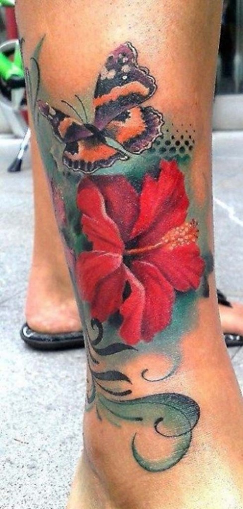 腿部彩色热带木槿花纹身图案