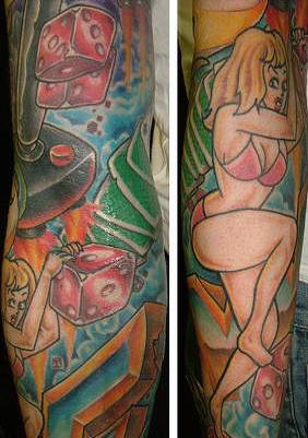 手臂彩色赌徒女孩与生活纹身图案