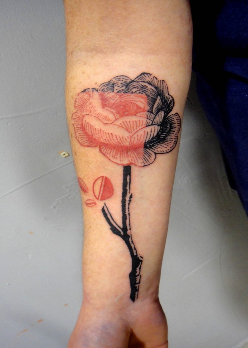 手臂雕刻风格的彩色玫瑰花纹身图案