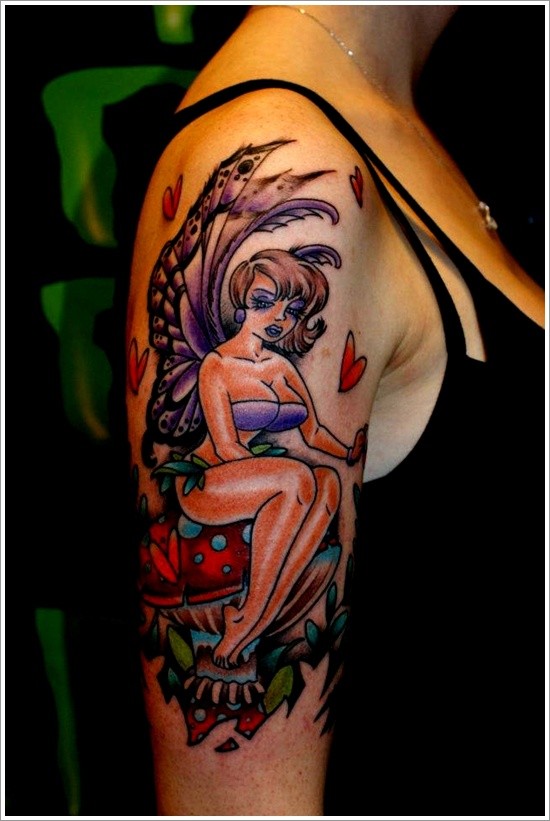 女色大臂色彩鲜艳的精灵蘑菇纹身图案