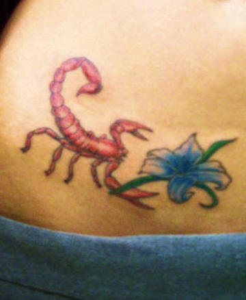 腰部彩色红蝎子与花朵纹身图案