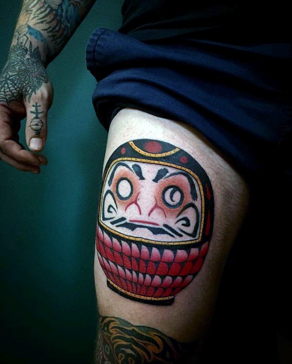 大腿日式彩绘达摩纹身图案
