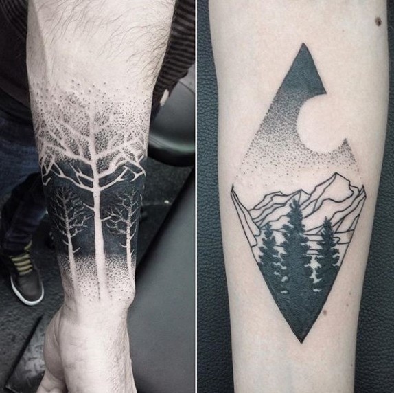 手臂黑白点彩森林大山纹身图案