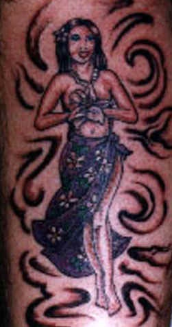 腿部夏威夷性感女孩纹身图案