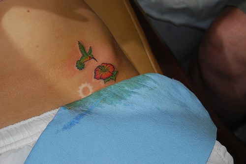腰侧彩色小芙蓉花与蜂鸟纹身图片