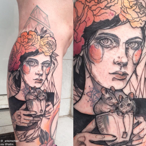 小腿素描风格彩色戴花朵女性和老鼠纹身图案