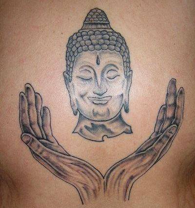 背部如来佛祖头像和手纹身图案
