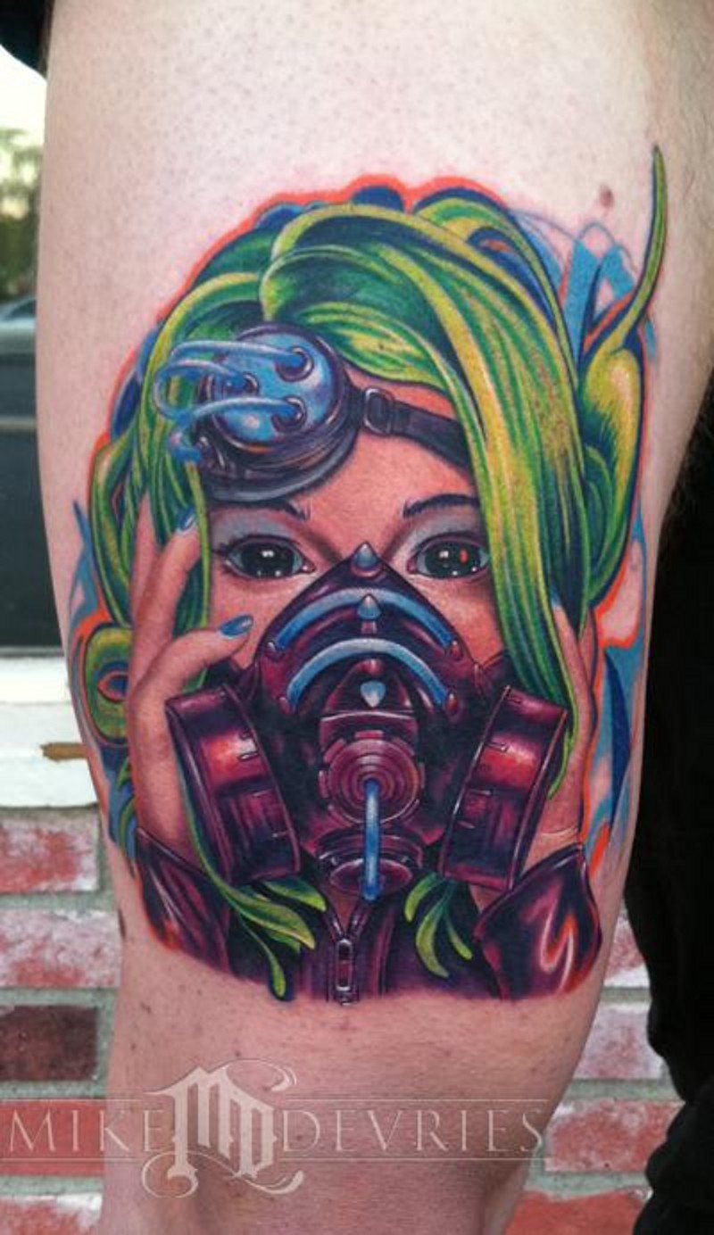 大腿现代风格彩绘未来女人和防毒面具纹身图案