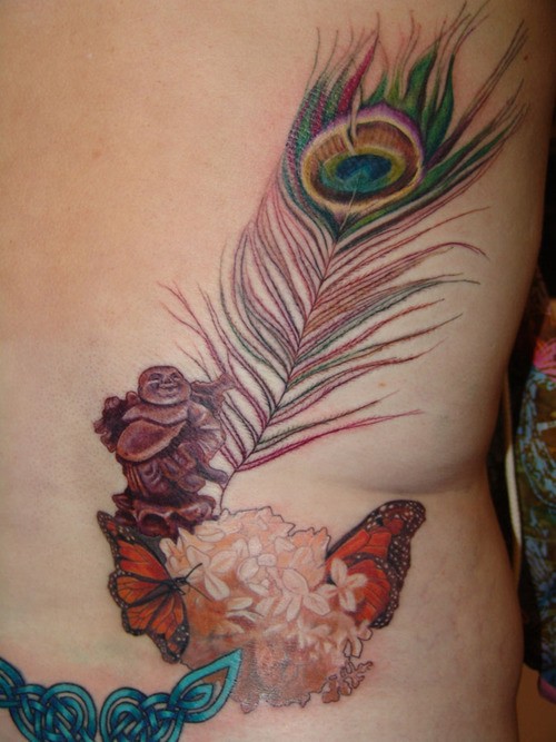 有趣的孔雀羽毛与如来佛祖和蝴蝶纹身图案