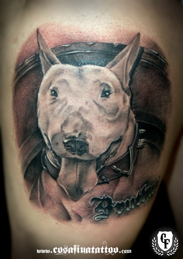 大腿插画风格彩色有趣的狗和字母纹身图案