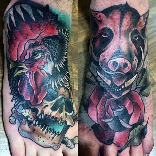 脚背公鸡头部与野猪和骷髅纹身图案