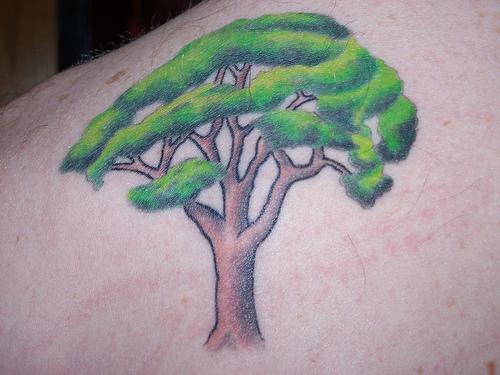 肩部彩色绿色大树纹身图案
