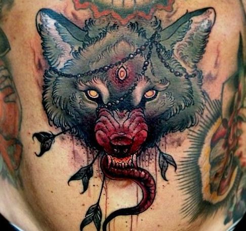 头部彩色可怕血腥的恶魔狼纹身图片