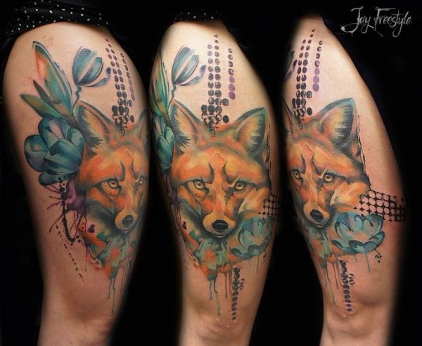 腿部PS图象处理软件风格的彩色狐狸纹身