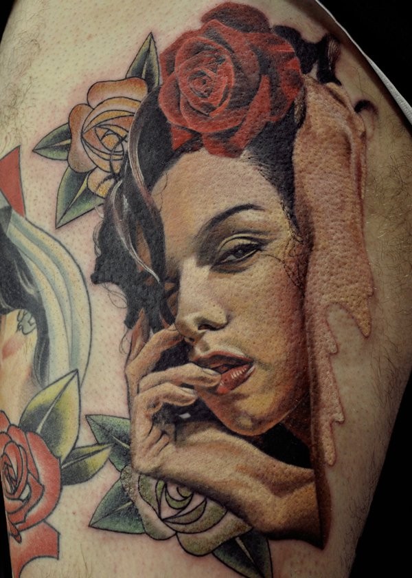 女生肖像与彩色的玫瑰纹身图案