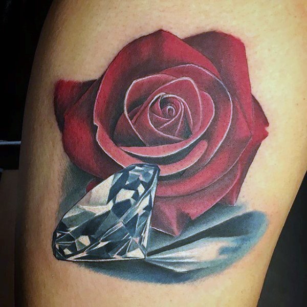 写实风格红色玫瑰与纯钻石纹身图案