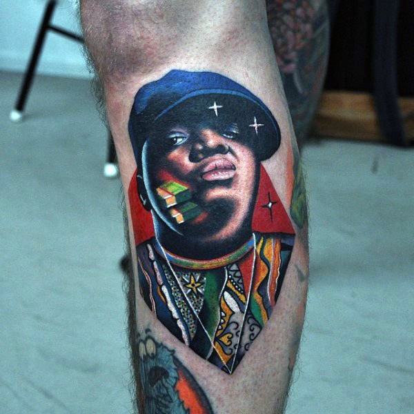 小腿嘻哈明星肖像彩色纹身图案