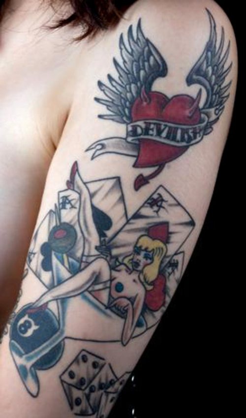 肩部彩色性感女孩与扑克牌纹身图片