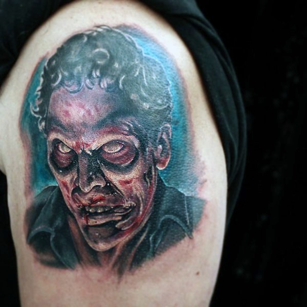 大臂可怕的彩色僵尸男子肖像纹身图案