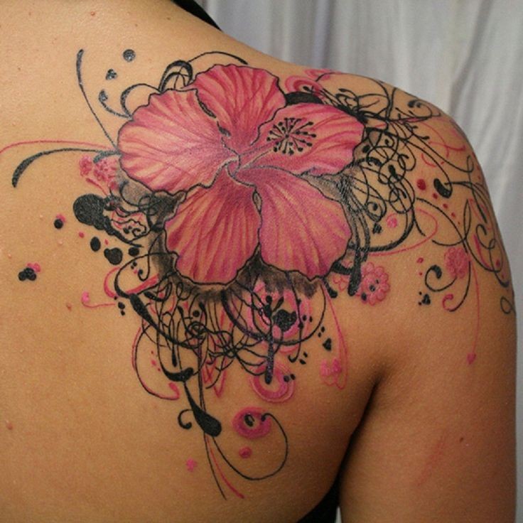 肩部水彩色夏威夷花纹身图案
