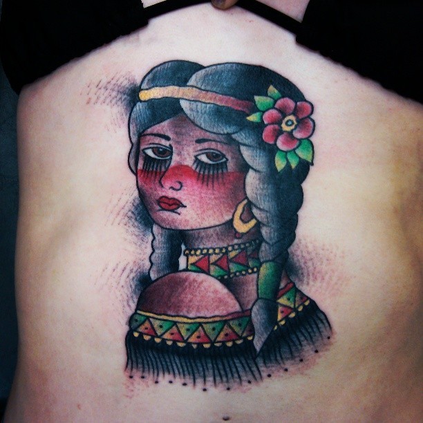 背部老派风格的彩色印度女人纹身