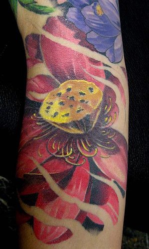 手臂彩色逼真的红莲花纹身图案