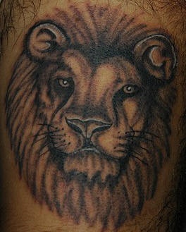 腿部棕色狮子头自制纹身图案