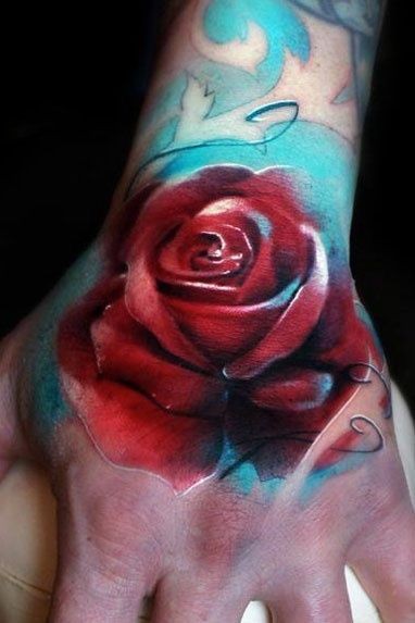 手背水彩色红玫瑰花纹身图案