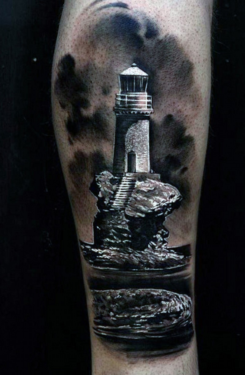 腿部礁石上的灯塔黑白纹身图案