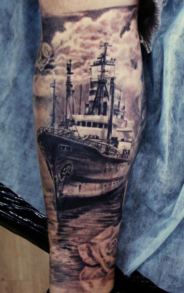 小腿很酷的跨大西洋轮船纹身图案