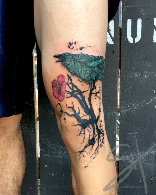 腿部new schoolg个性花朵与鸟纹身图案