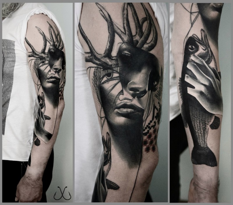 手臂超现实主义风格鹿角和人脸纹身图案
