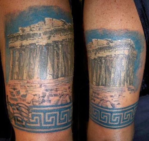 手臂彩色希腊废墟风景纹身图案