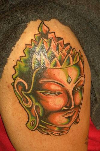 腿部彩色宗教佛头纹身图案