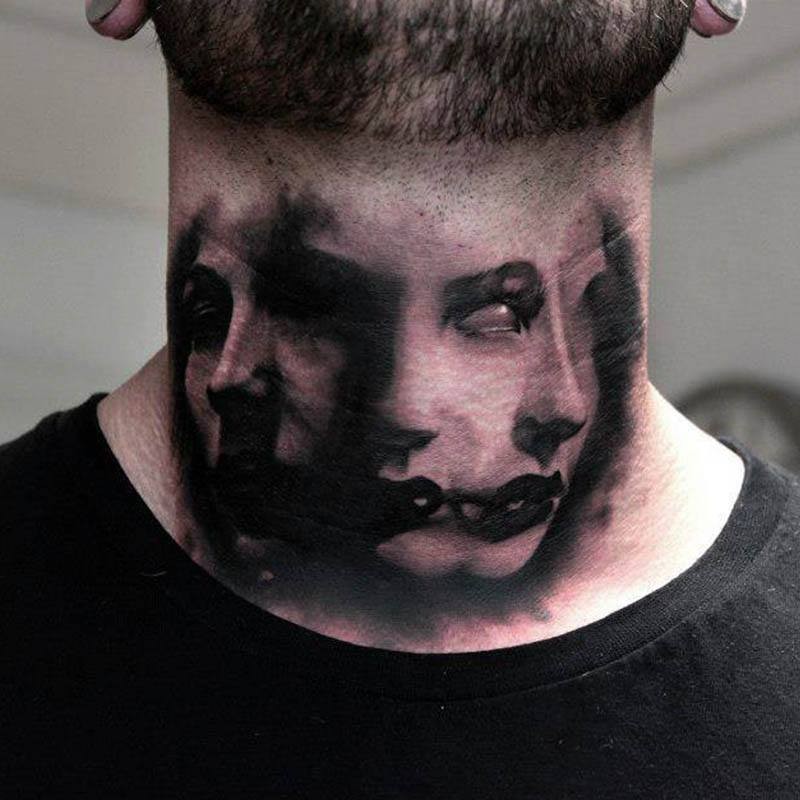 颈部恐怖的女孩肖像纹身图案