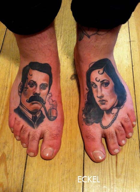 脚背男子和妇女肖像纹身图案
