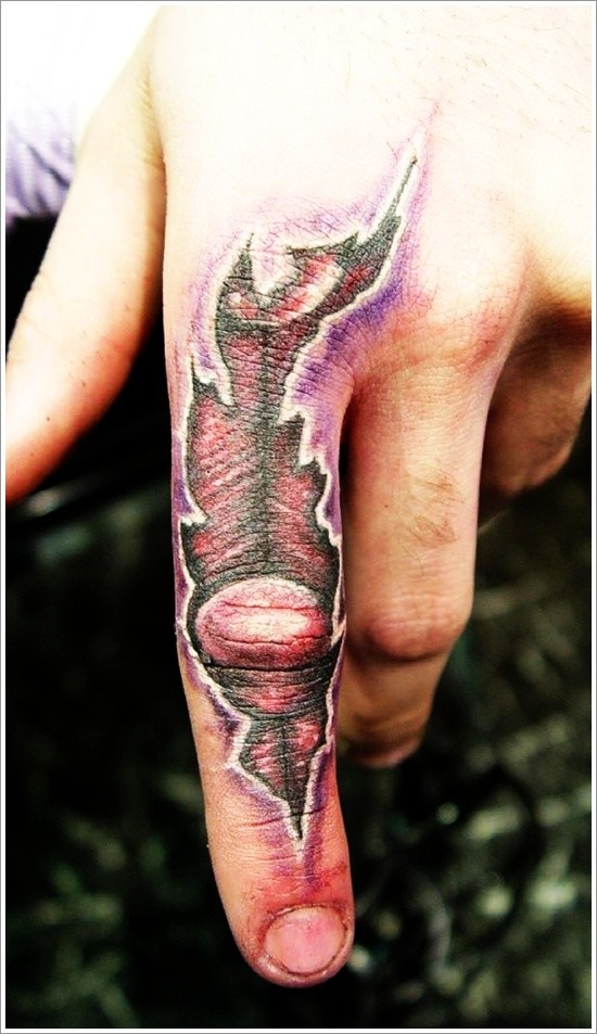 手指上立体的肌肉撕裂个性纹身图案