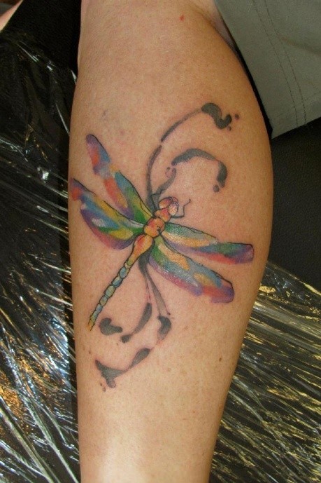 小腿多彩漂亮的蜻蜓纹身图案