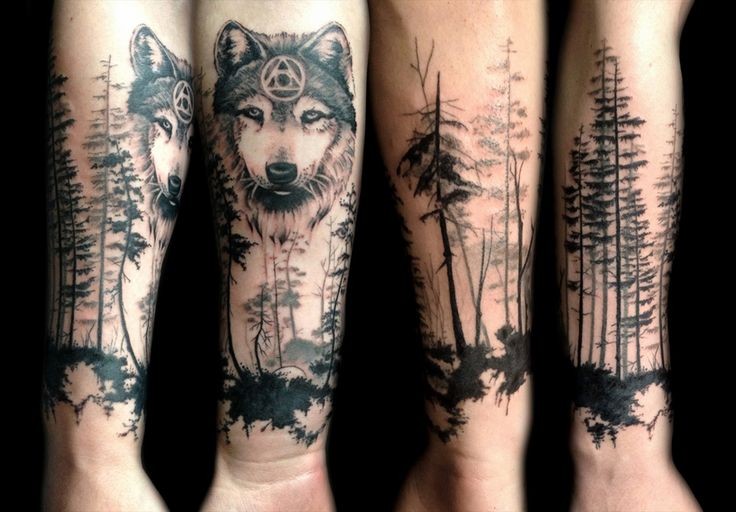 手臂神秘的狼与森林纹身图案