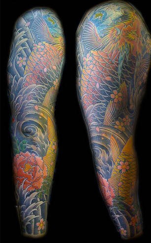 花臂彩色锦鲤鱼全套纹身图案