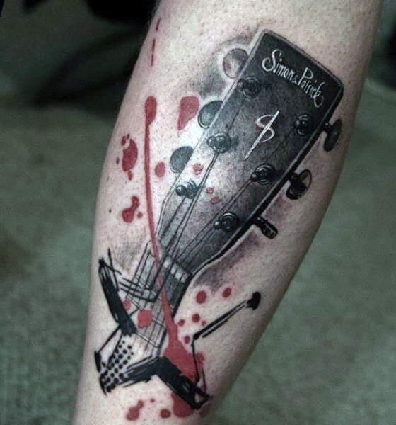 腿部原始彩绘血腥吉他纹身图案