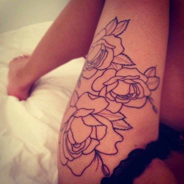 腿部有趣的设计黑轮廓玫瑰花纹身