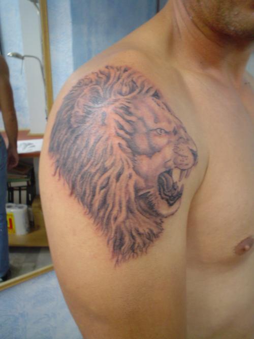 肩部棕色咆哮的狮子头纹身图案