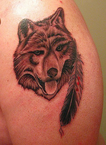 大臂有趣的狼头羽毛纹身图案