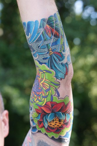 男性手臂彩色花朵主题纹身图案
