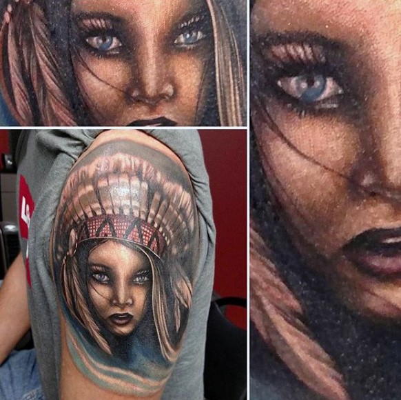 令人震惊的彩色印度女孩肖像纹身图案