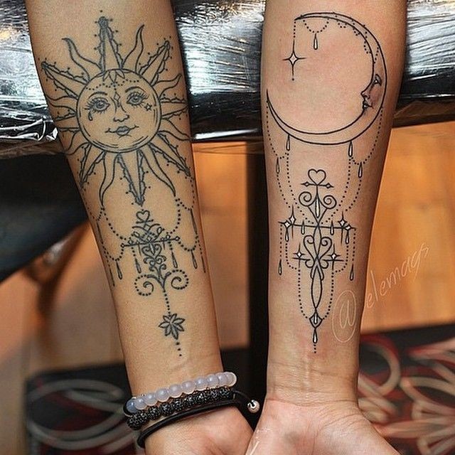 手臂情侣可爱的太阳与月亮纹身图案