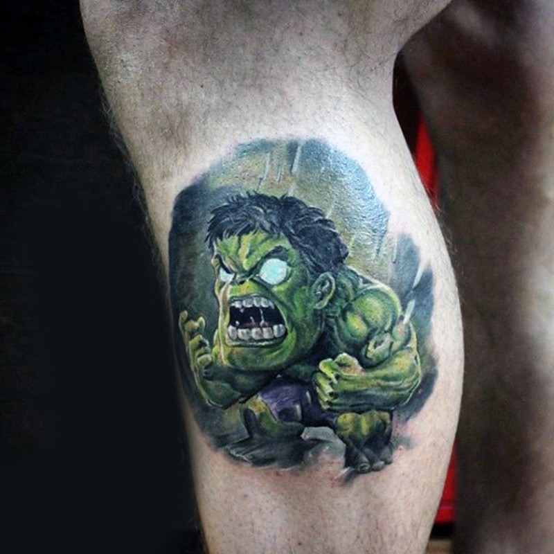 小腿彩色邪恶愤怒的绿巨人纹身图案